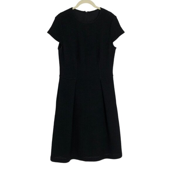 St John Black Textured Jewel Neck Pleated A-Line Short Sleeve Dress size ~S - Picture 2 of 16